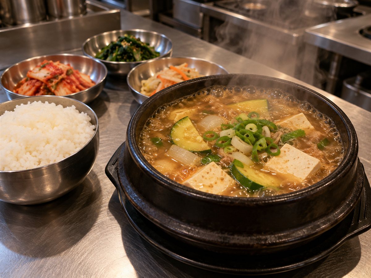 짠맛 없이 간을 맞춰 두부와 애호박을 넣고 끓인 식당 된장찌개 뚝배기
