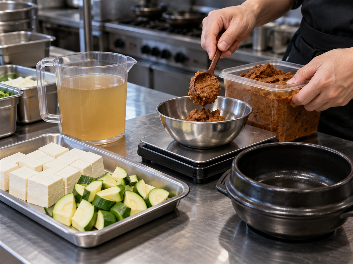 된장찌개 짠맛을 잡으려고 저울에 된장을 계량하고 육수를 계량컵으로 재는 과정