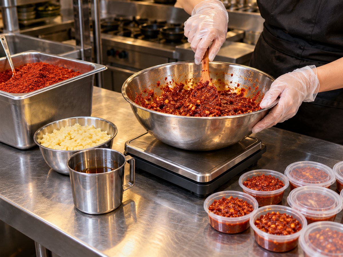 순두부찌개 양념장을 저울에 계량하고 1인분씩 나눠 담는 식당 주방 작업
