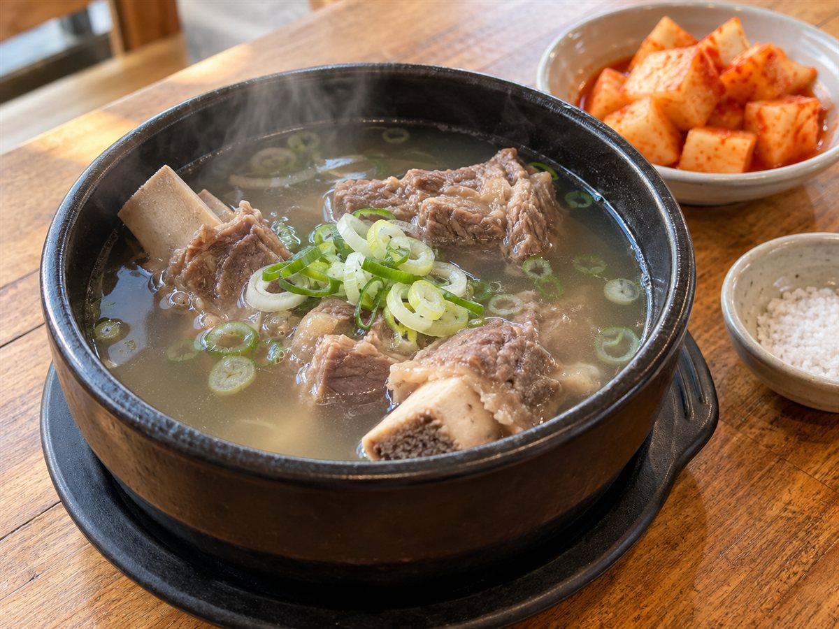 기름을 걷어 내 국물이 맑게 끓여진 식당 갈비탕 한 그릇