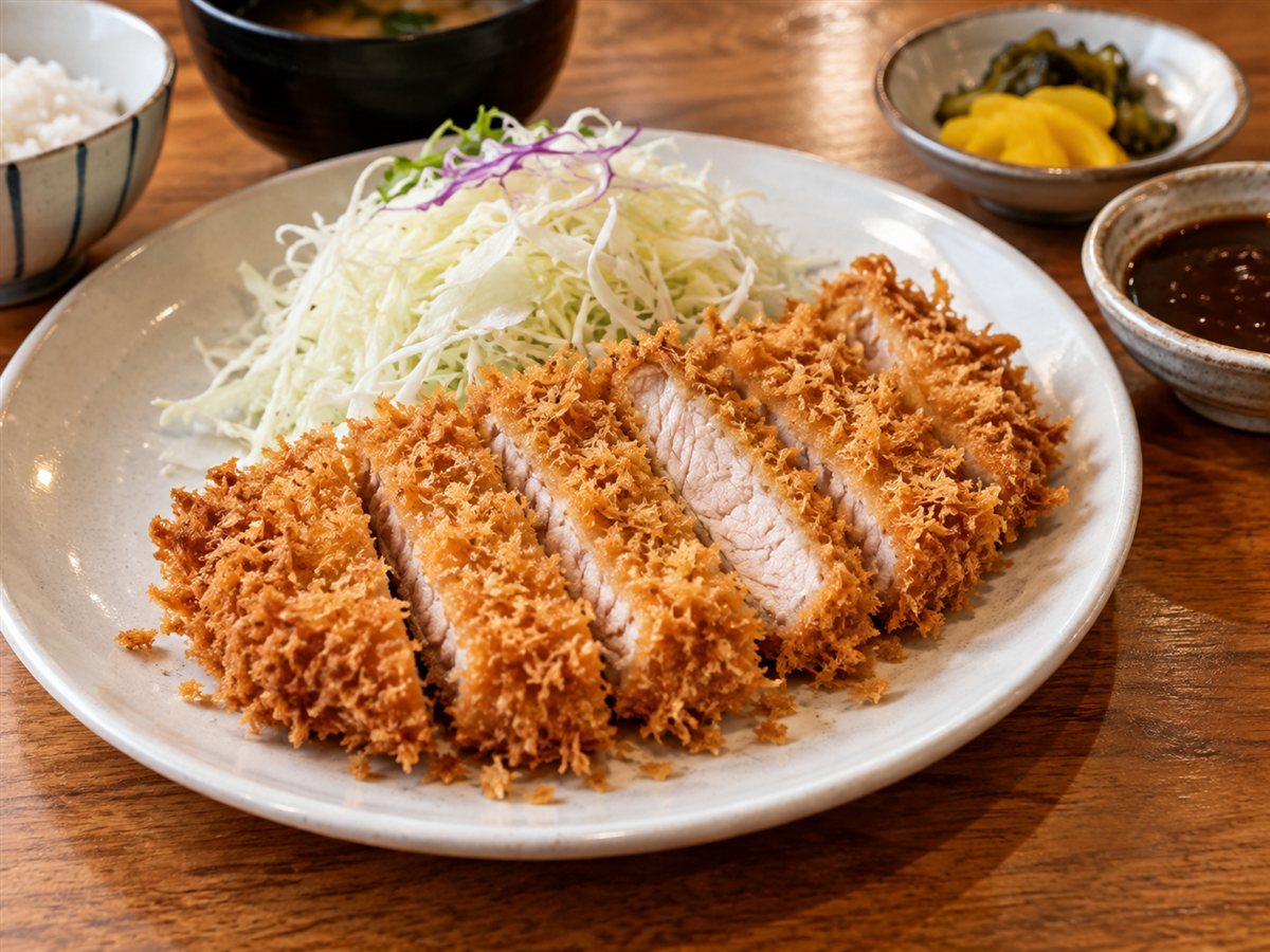 튀김옷이 들뜨지 않고 바삭하게 튀겨진 식당 돈가스, 1.5cm 폭으로 썬 단면