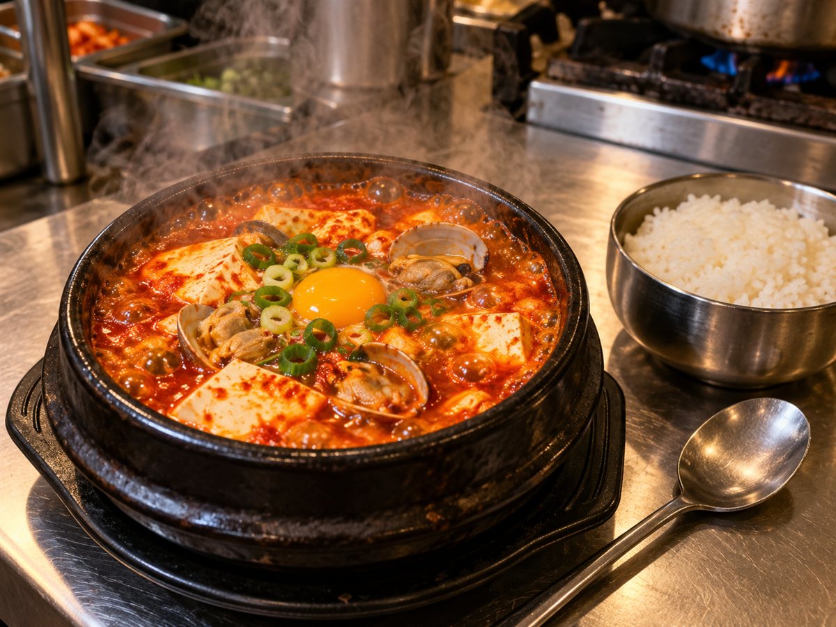 미리 만든 순두부찌개 양념장으로 끓여 바지락과 달걀을 올린 식당 순두부찌개 뚝배기